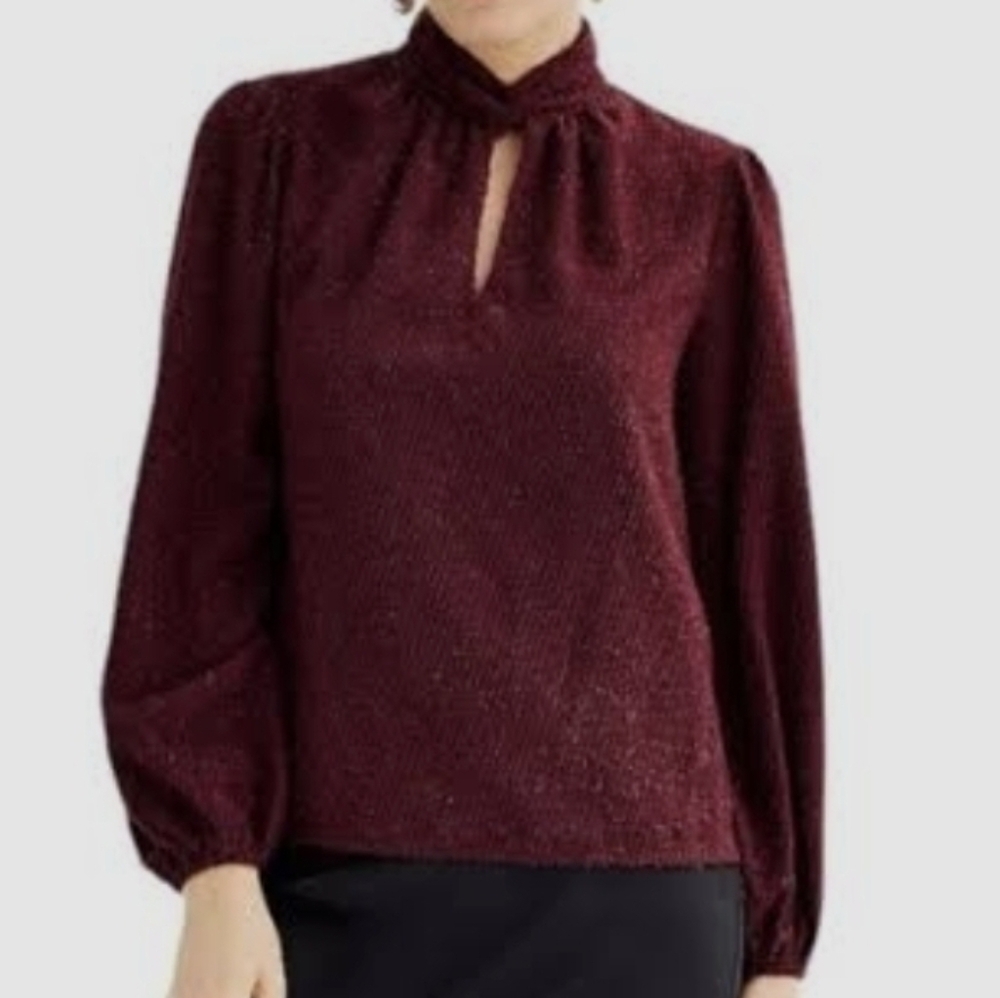 Nine West XL Maroon Sparkle Keyhole Blouse - Shimmer Party Elegant Top